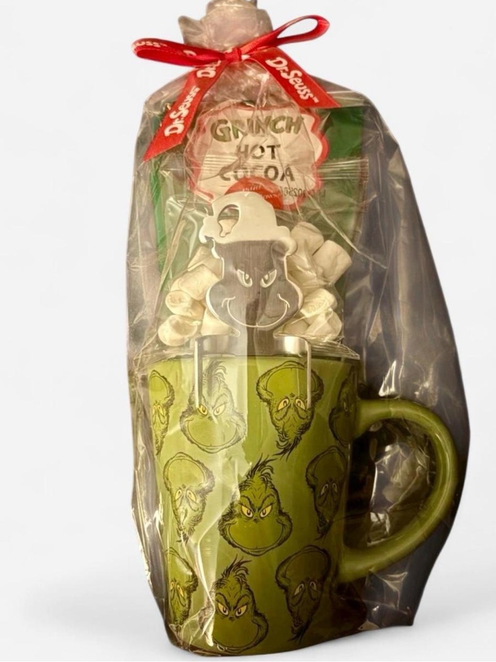 Dr. Seuss Green Grinch Face Ceramic Mug with Red Accent Ribbon